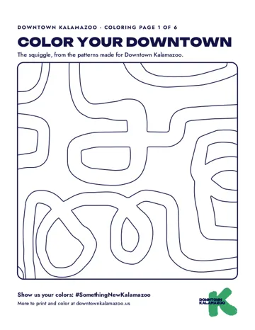 The first coloring page: the squiggle pattern in outline under the heading Color your downtown.