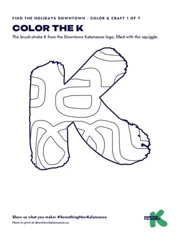 The first craft page: the Downtown Kalamazoo K in outline, filled with the squiggle pattern, under the heading Color the K.